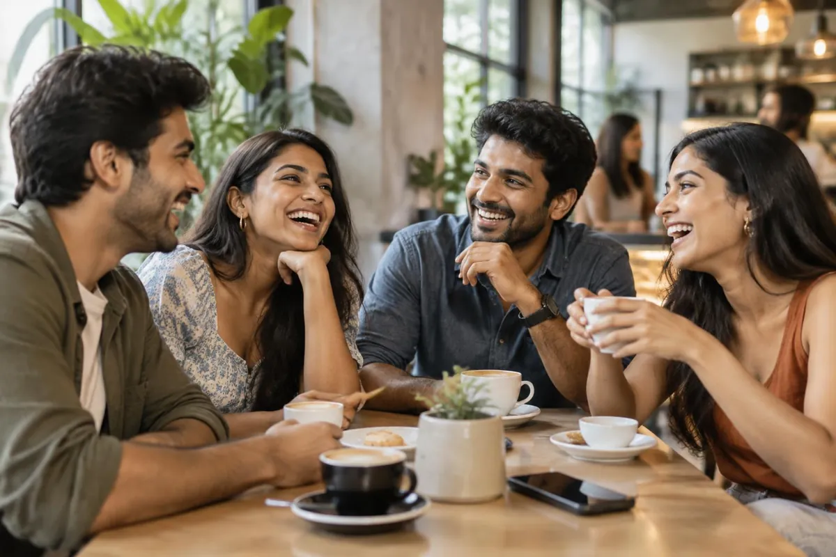 A group of friends enjoying a relaxed conversation over coffee