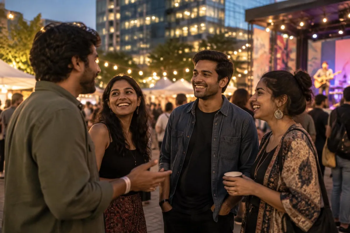 Friends meeting safely at a lively public city event